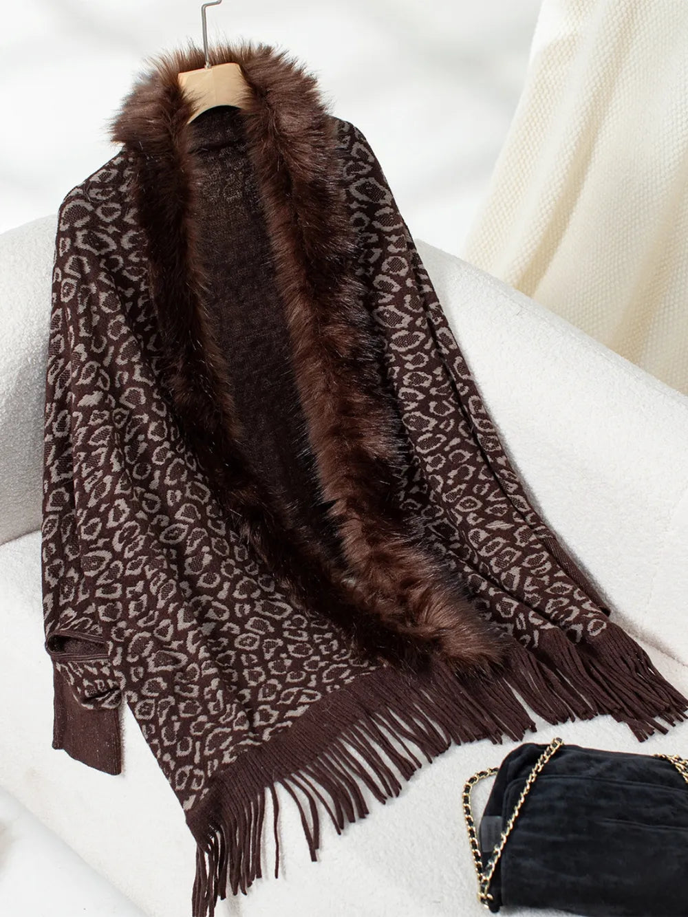 Fringe Leopard Open Front Long Sleeve Poncho in Chocolate