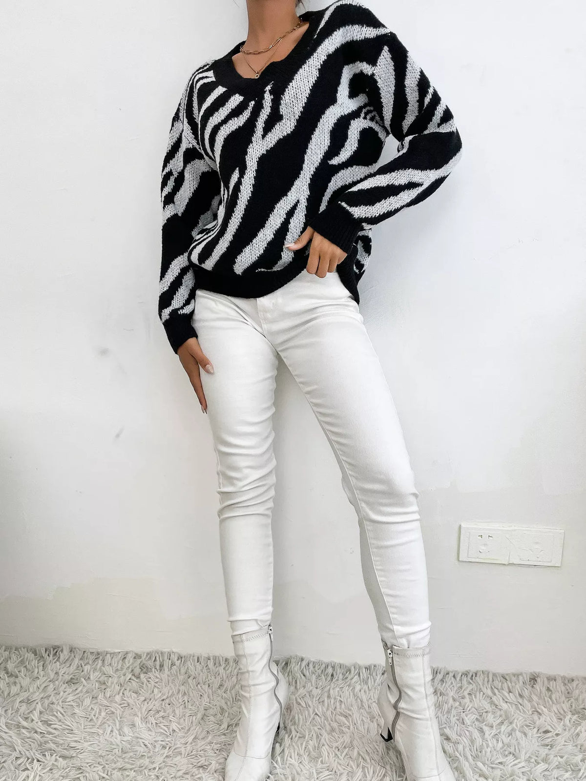 Zebra Print Relaxed Fit Pullover Sweater - Lilixa.store