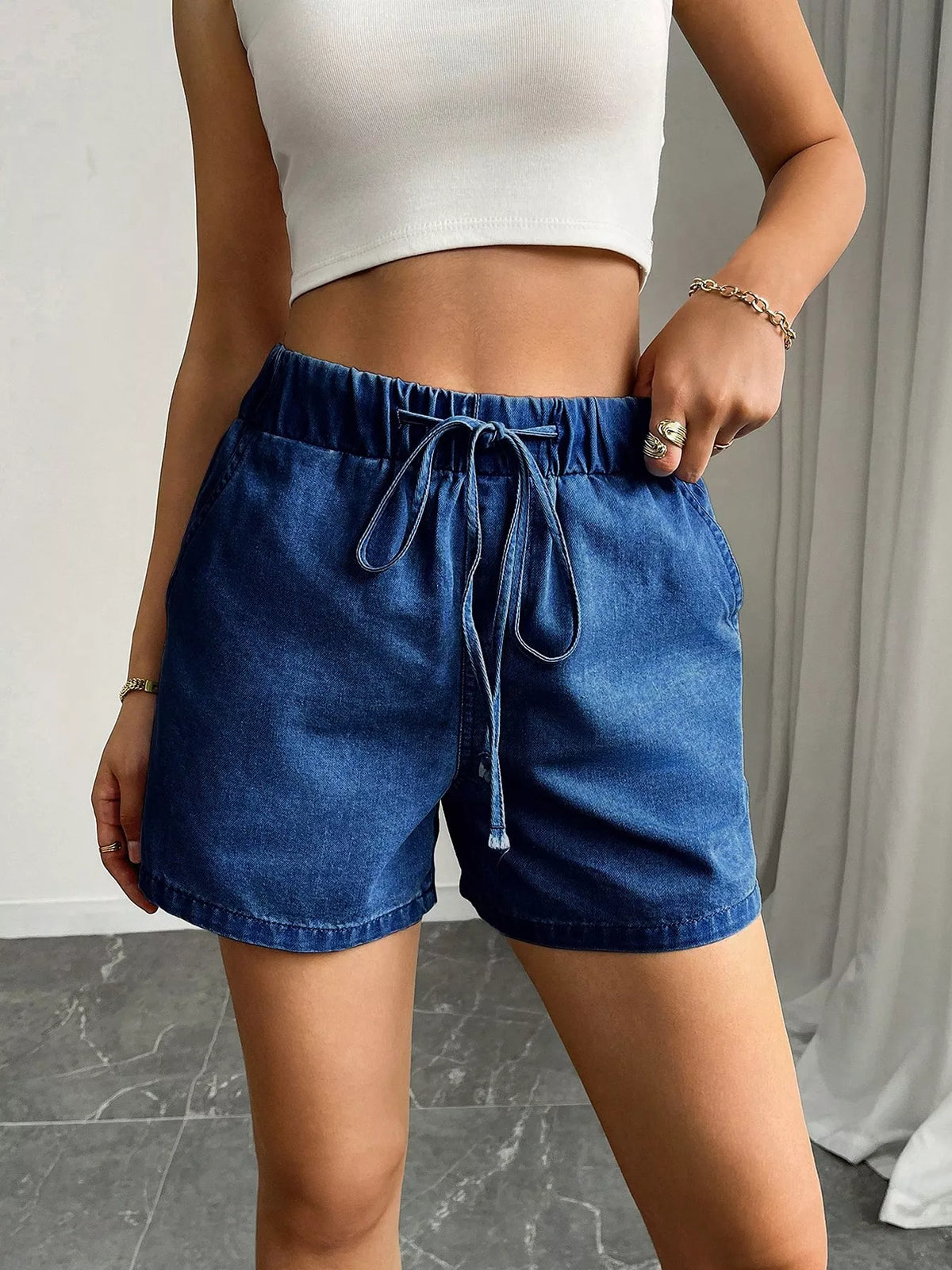 Drawstring High Waist Denim Shorts - Lilixa.store