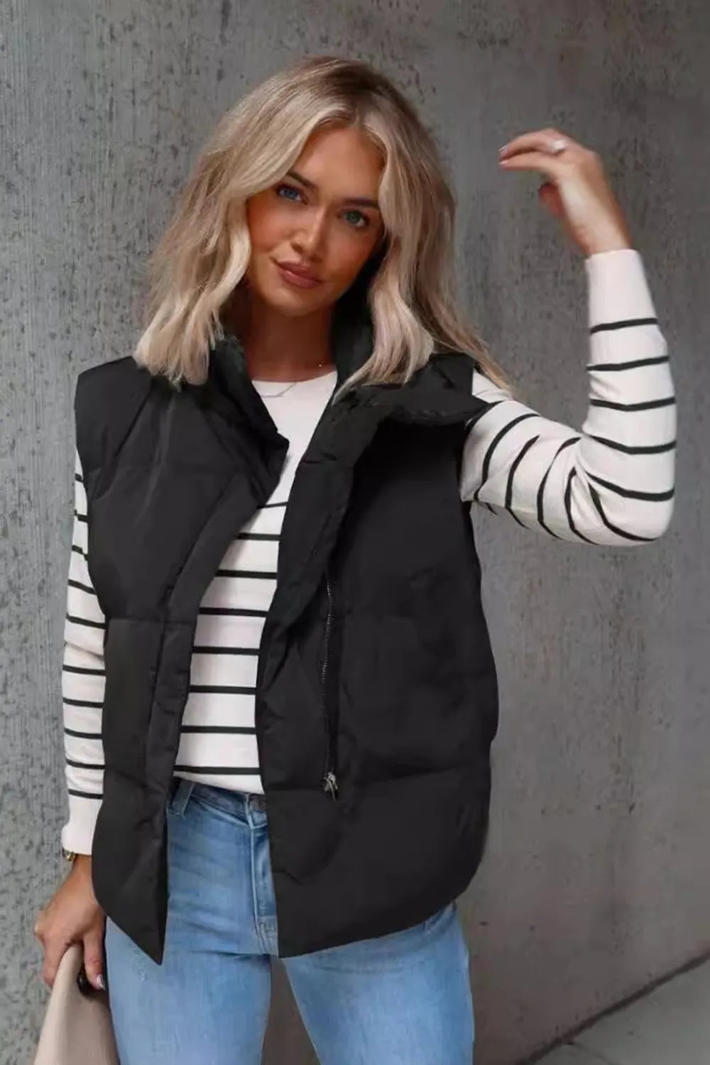 Zip Up Vest Coat with Pockets in Black