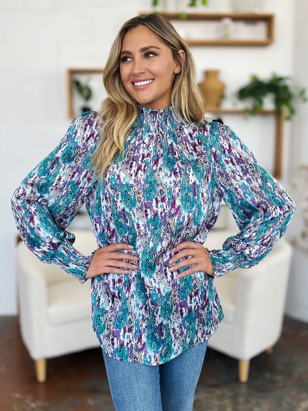 Double Take Full Size Printed Smocked Long Sleeve Blouse - Lilixa.store