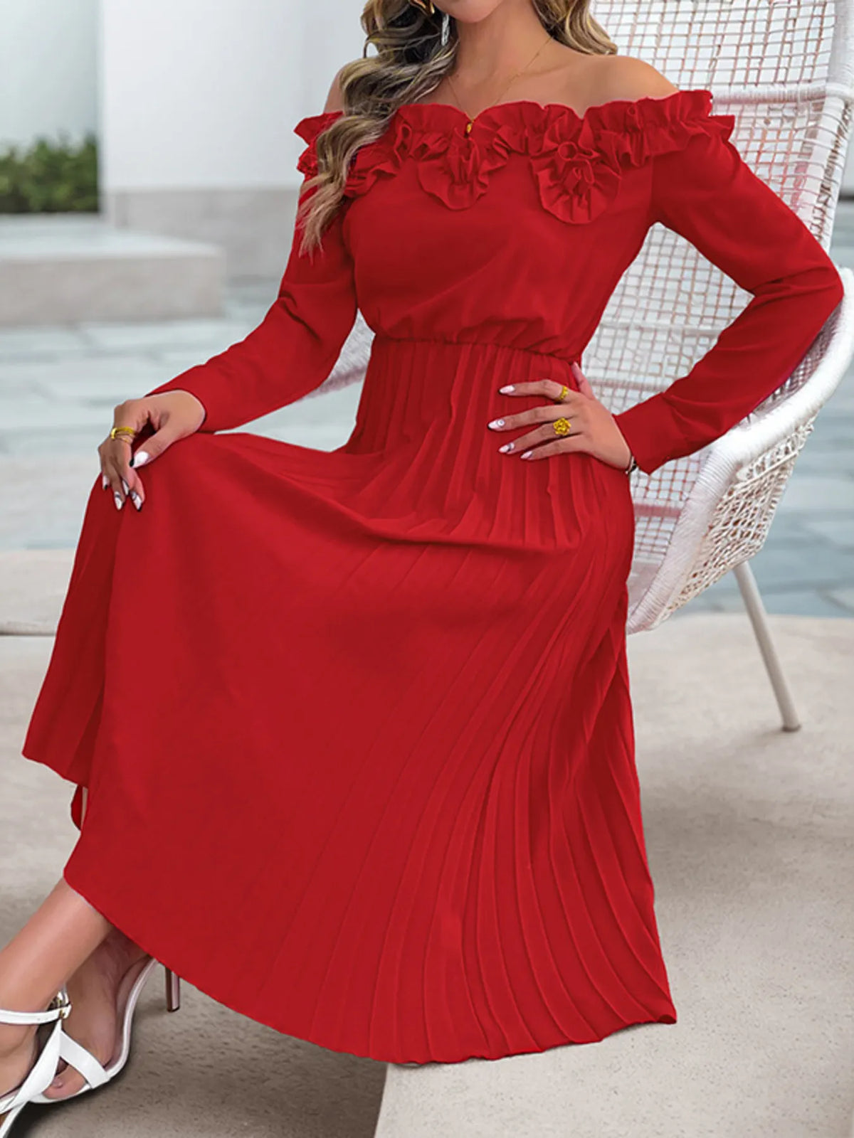 Off-Shoulder Ruffle Pleated Midi Dress - Lilixa.store