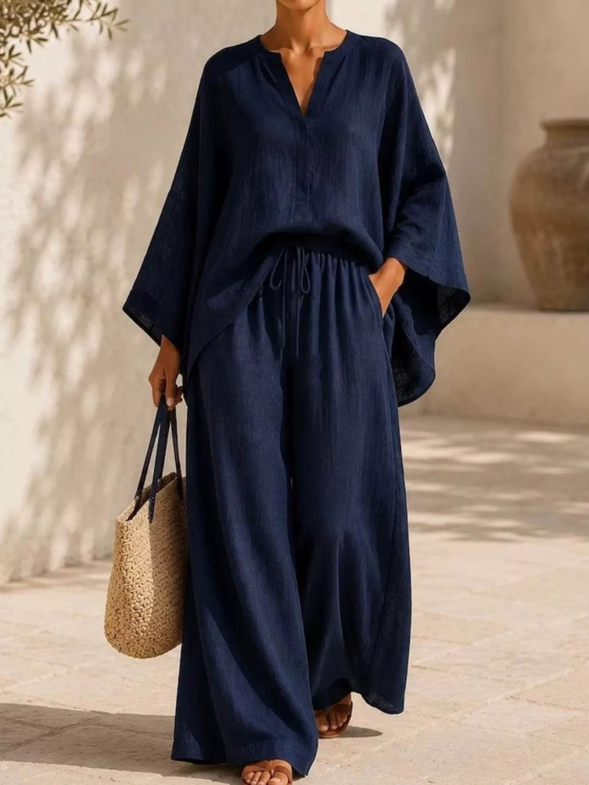 Full Size Loose Fit Top and Wide-Leg Pants Set Plus Size in Navy