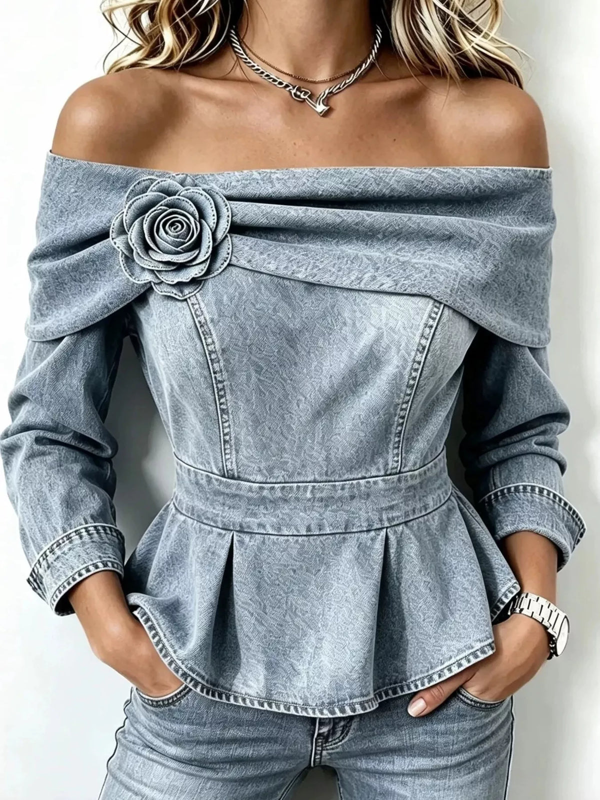 Full Size Off-Shoulder Floral Denim Look Top Plus Size