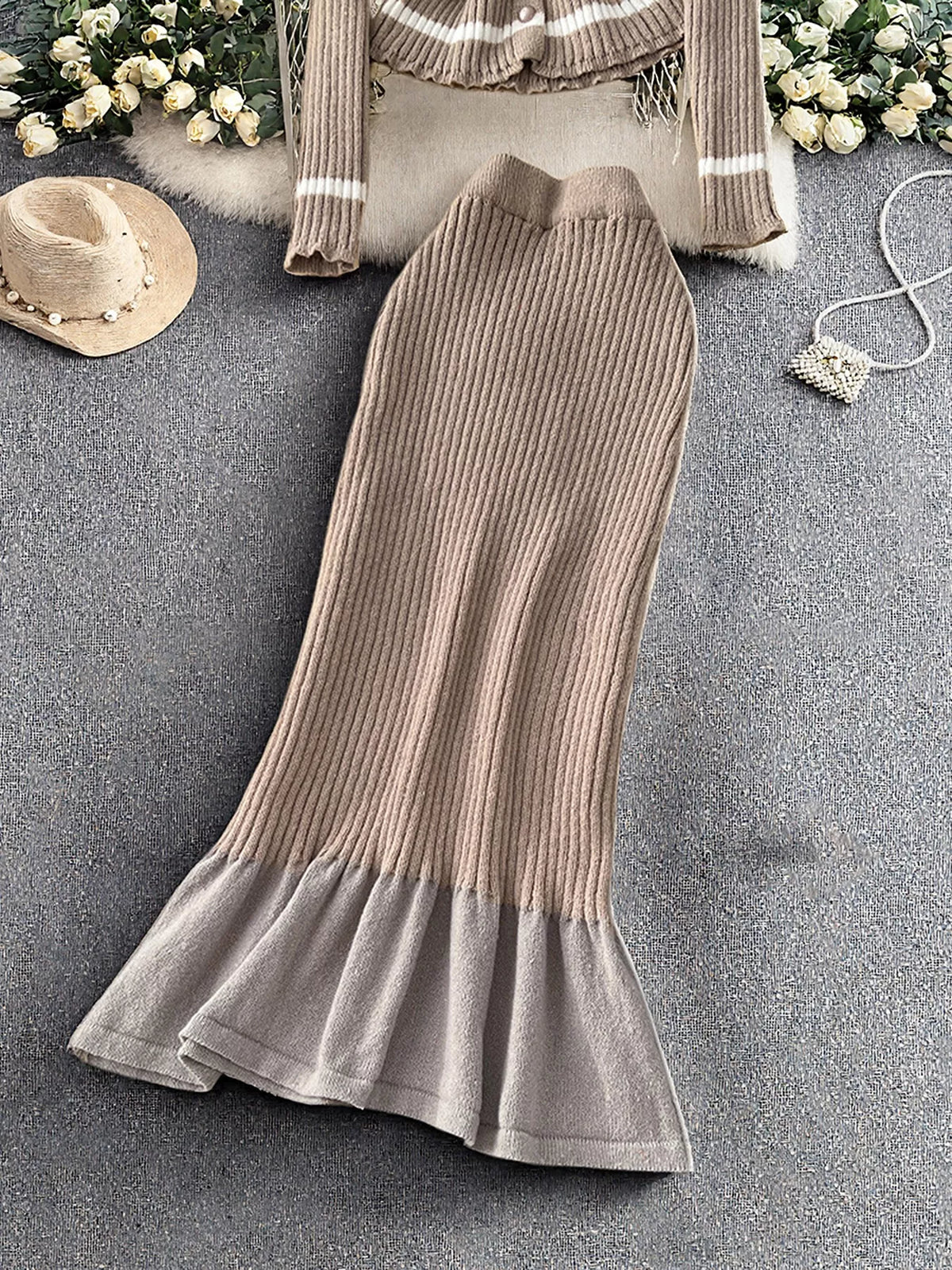 Ribbed Knit Cardigan and Skirt Sweater Set - Lilixa.store