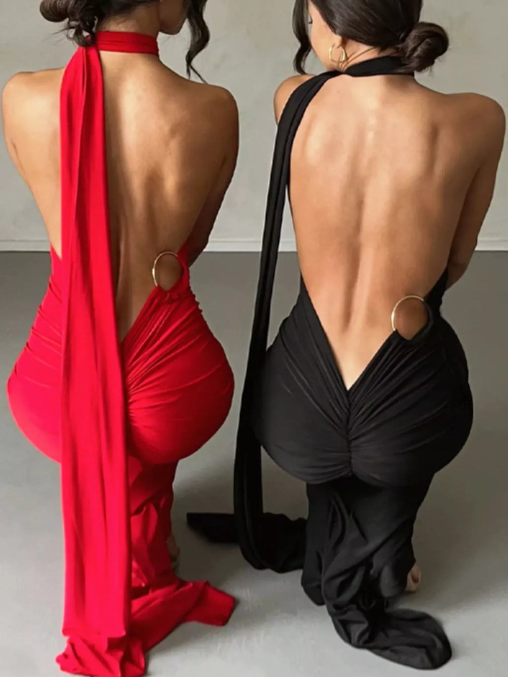 Backless One-Shoulder Ruched Bodycon Maxi Dress - Lilixa.store