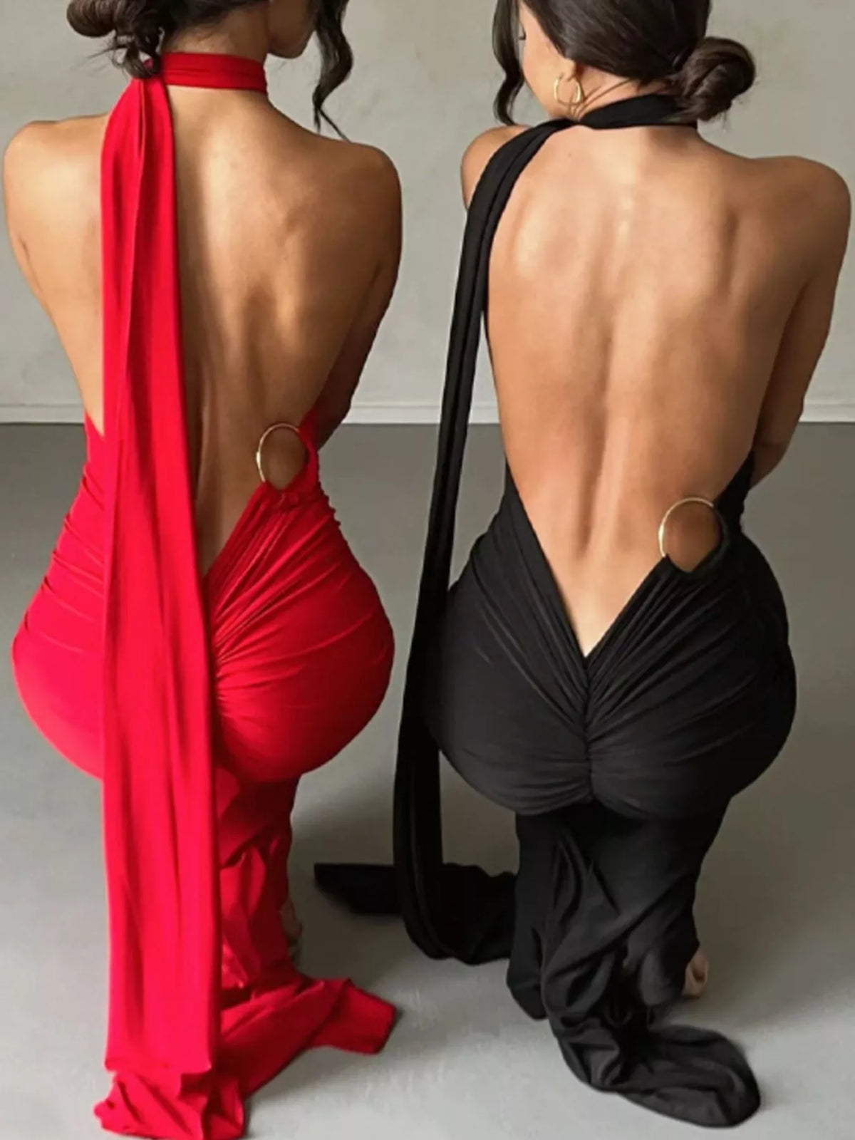 Backless One-Shoulder Ruched Bodycon Maxi Dress, view 12