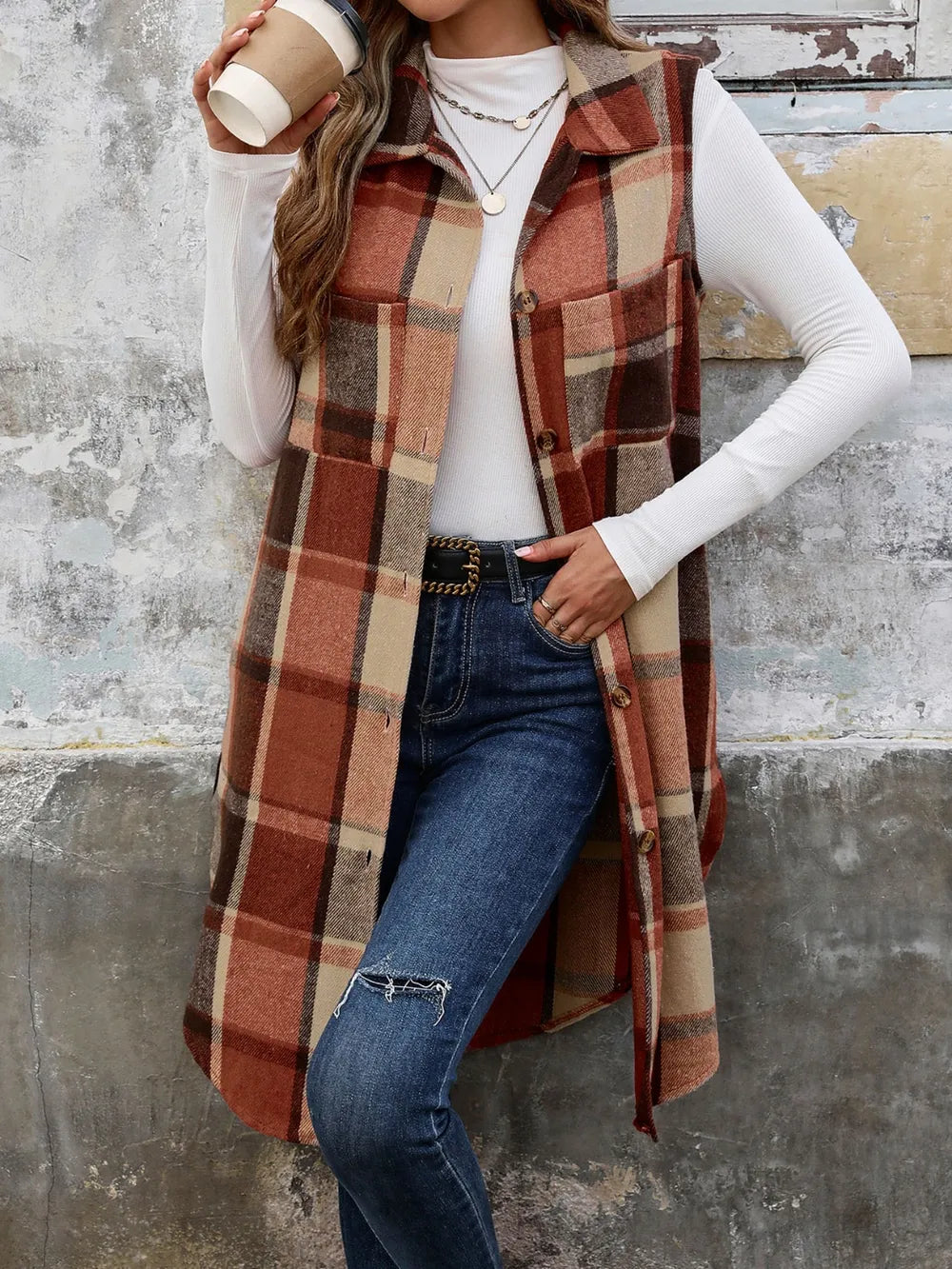 Perfee Pocketed Button Up Plaid Vest in Terracotta