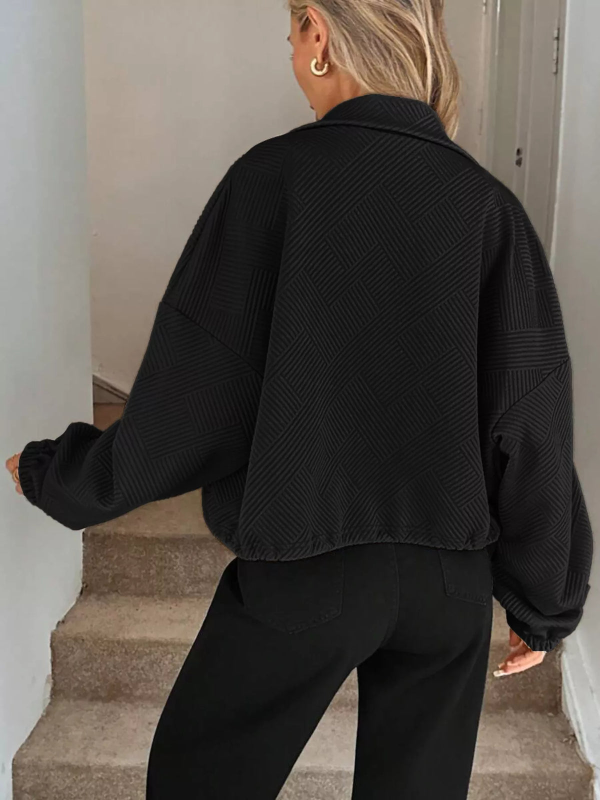 Drawstring Hem Textured Long Sleeve Jacket, view 10