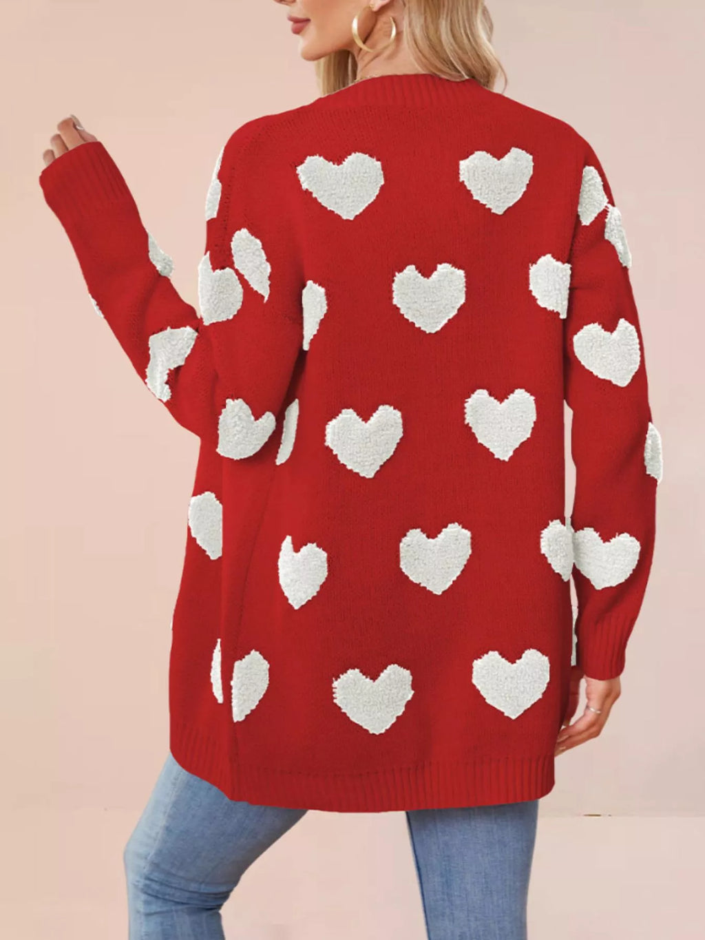 Heart Pattern V-Neck Button-Down Knit Cardigan - Lilixa.store