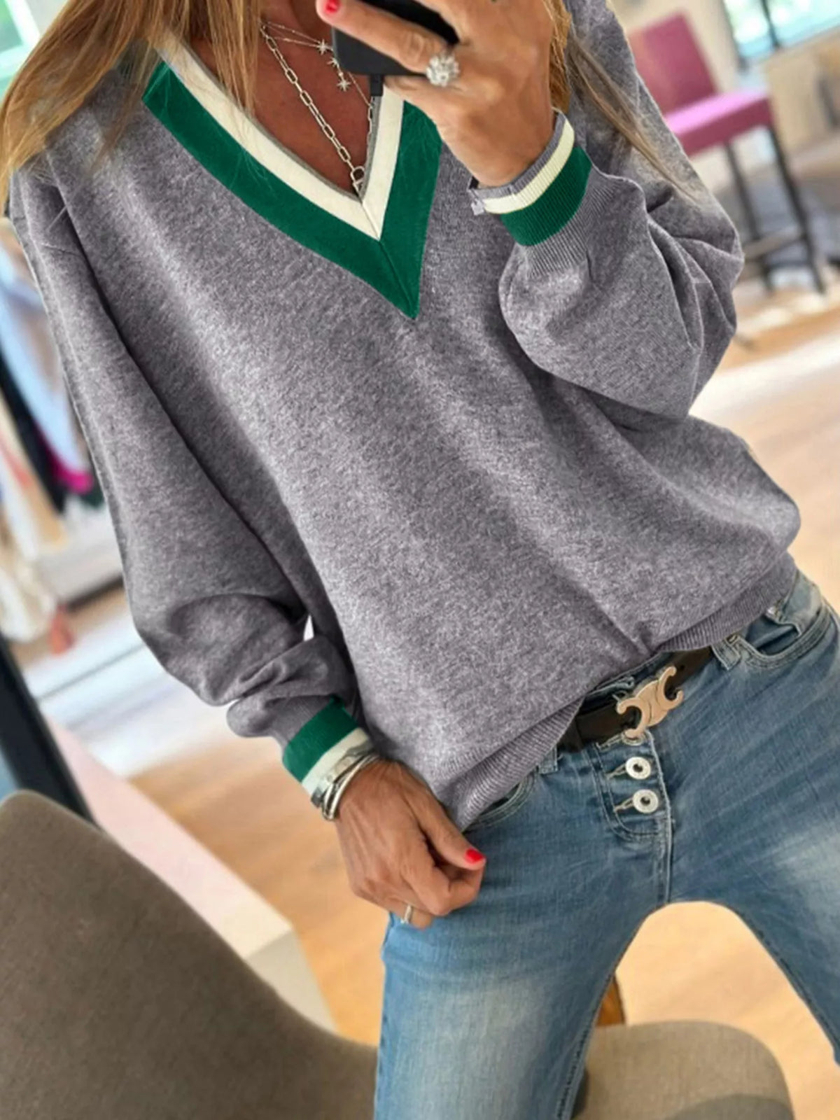 V-Neck Striped Trim Long Sleeve Sweater in Gray, view 5