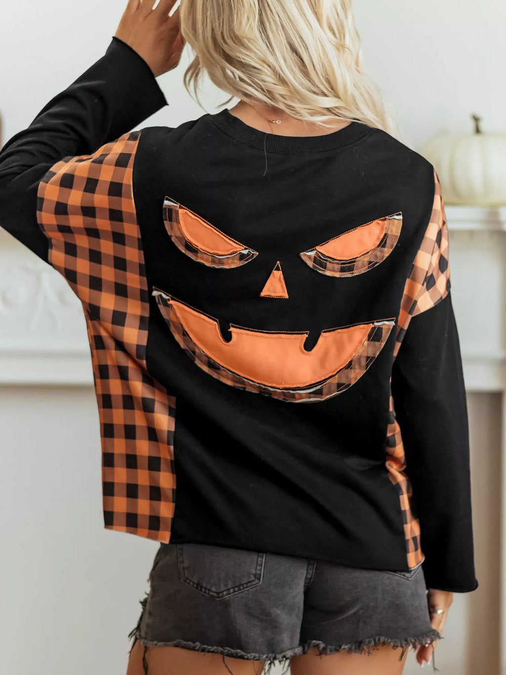 Patchwork Plaid Pumpkin Face Long Sleeve Top - Lilixa.store