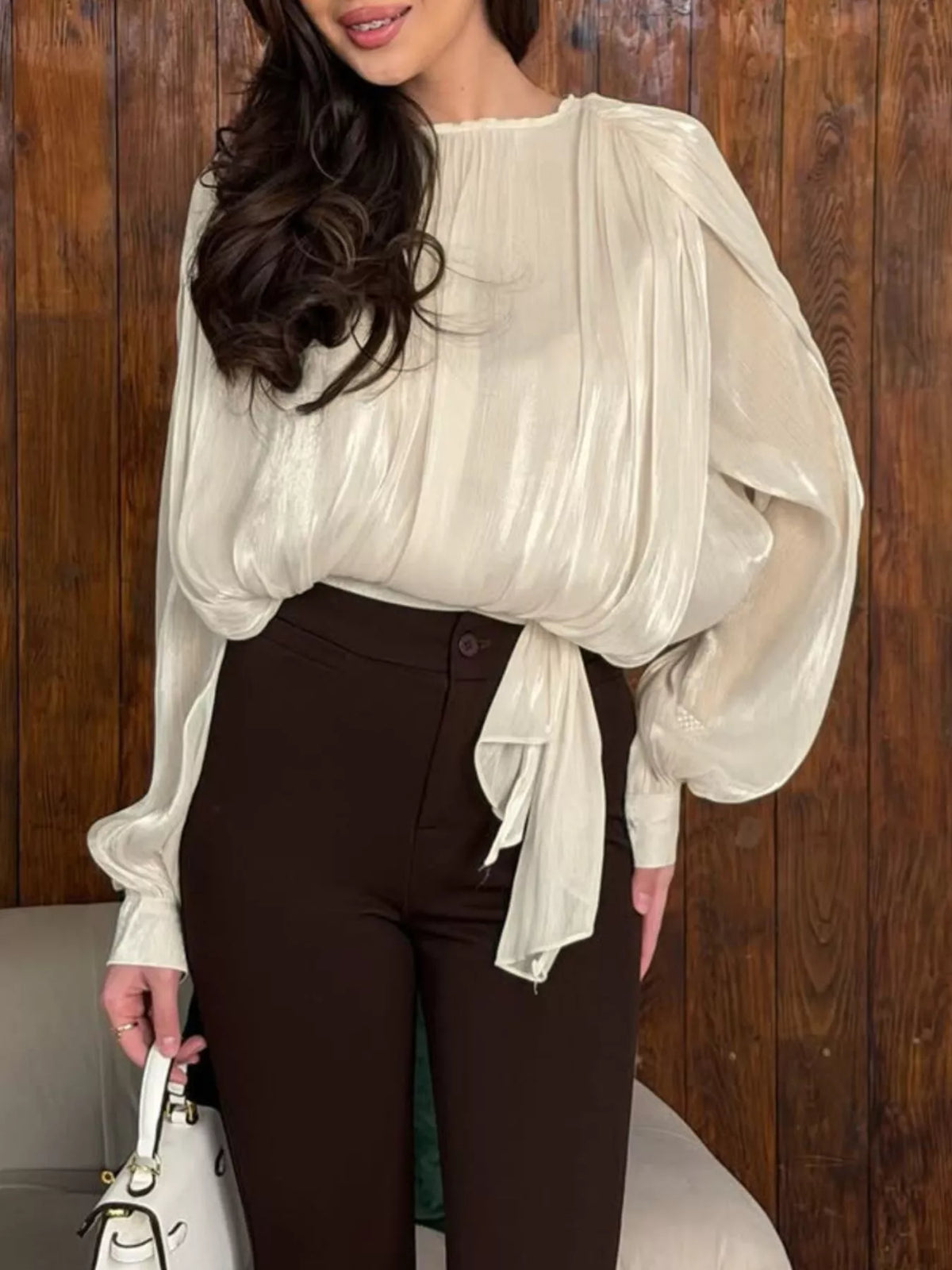 Tie-Front Detail Long Sleeve Blosue in Tan, view 6