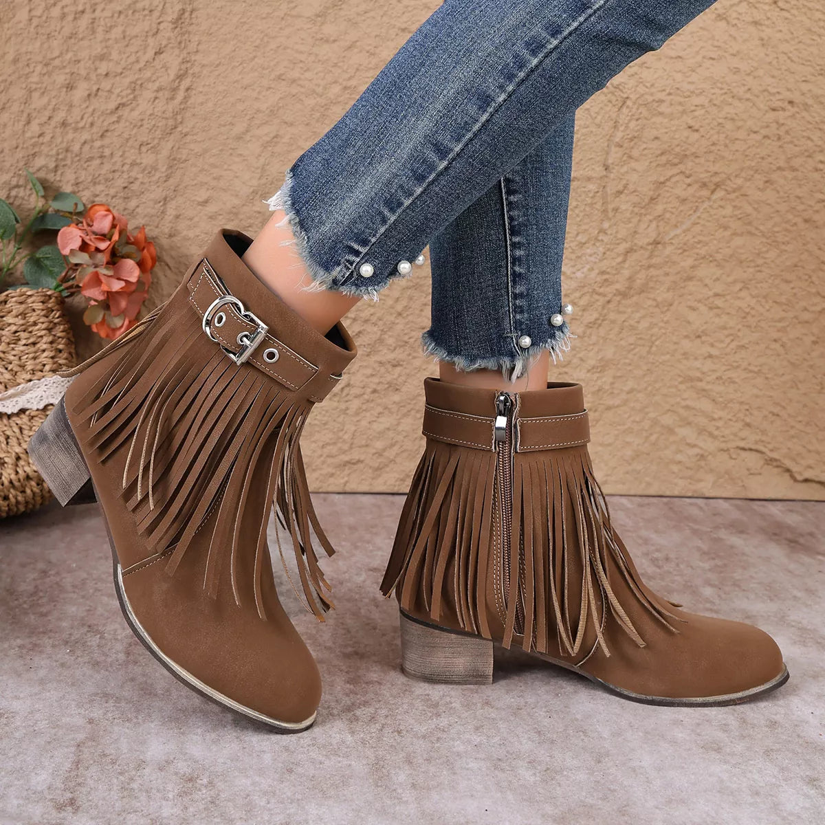 Fringe Ankle Boots with Buckle Detail