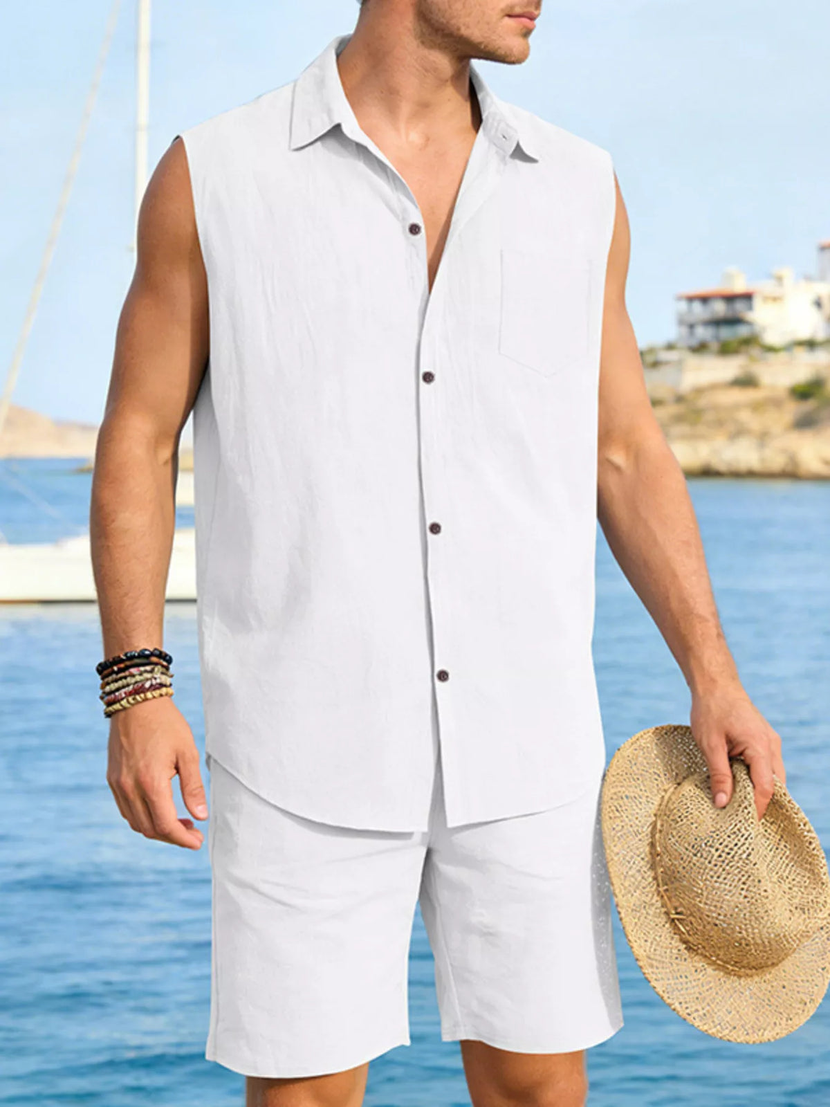Men's Full Size Button Up Sleeveless Top and Shorts Plus Size - Lilixa.store