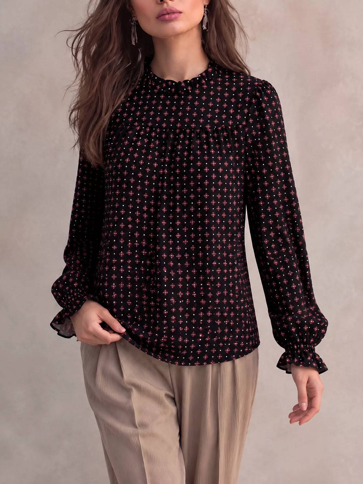 Printed Flounce Sleeve Blouse in Black