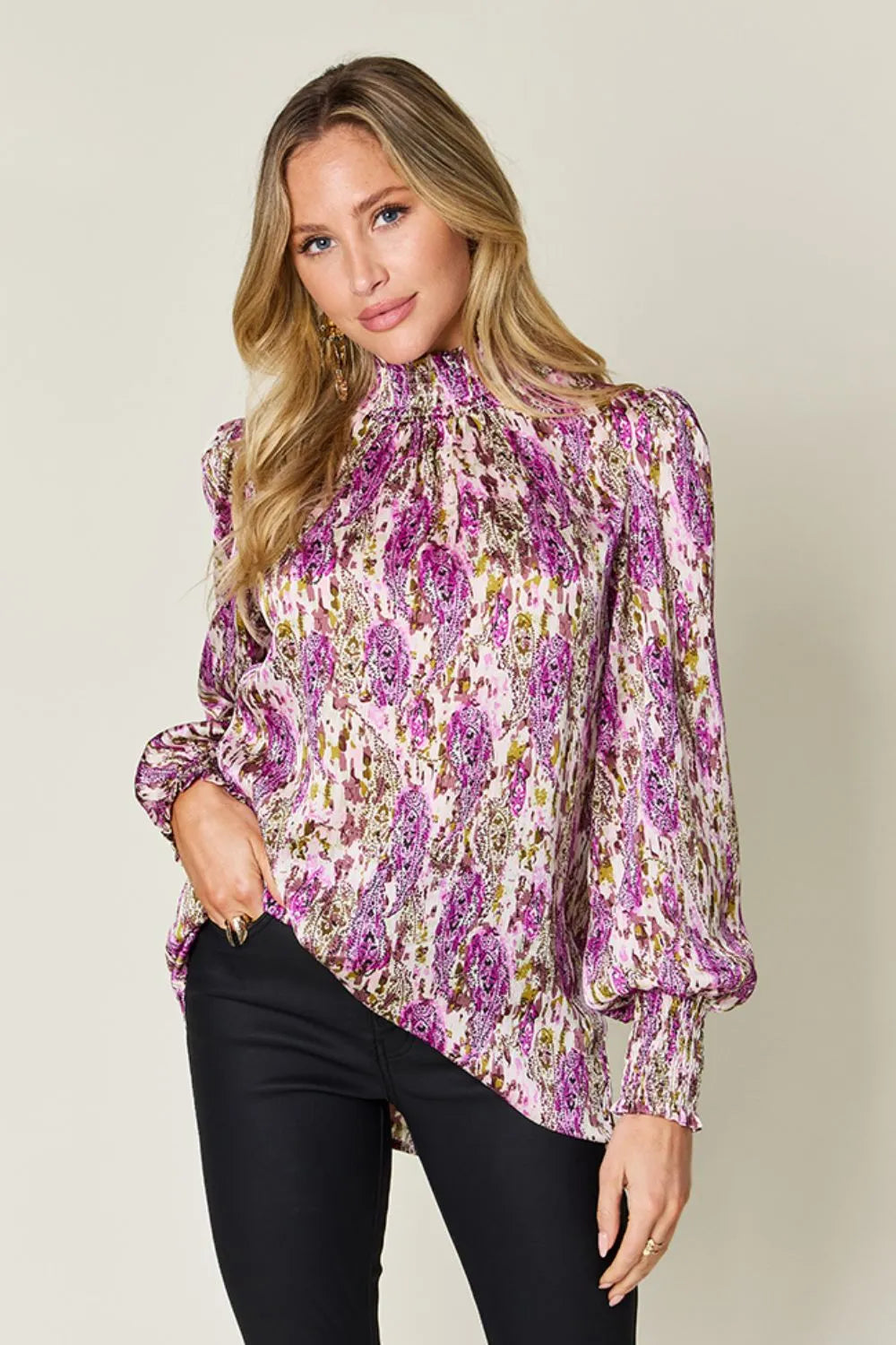 Double Take Full Size Printed Smocked Long Sleeve Blouse - Lilixa.store