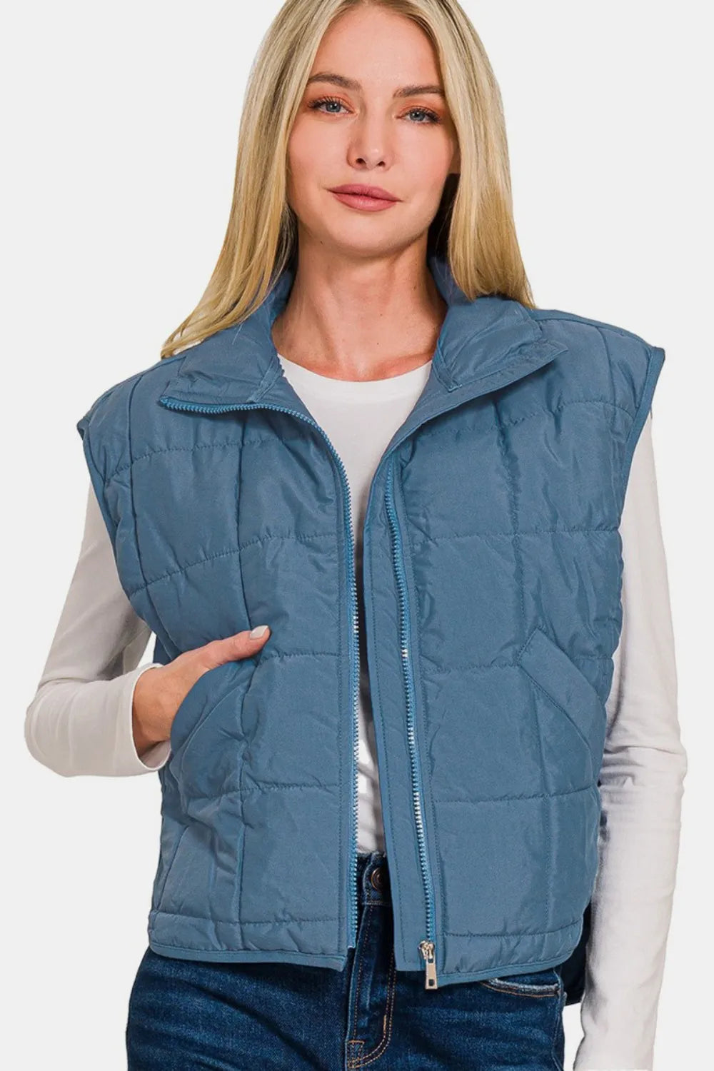 Zenana Zip Up Cropped Puffer Vest with Pockets in Dusty Blue