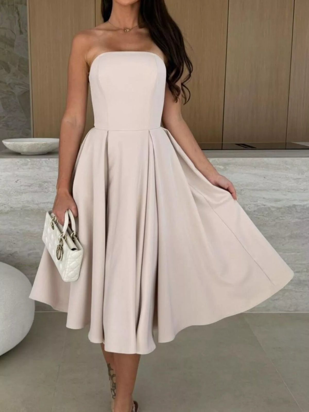 Strapless Ruched A-Line Midi Dress in Dust Storm