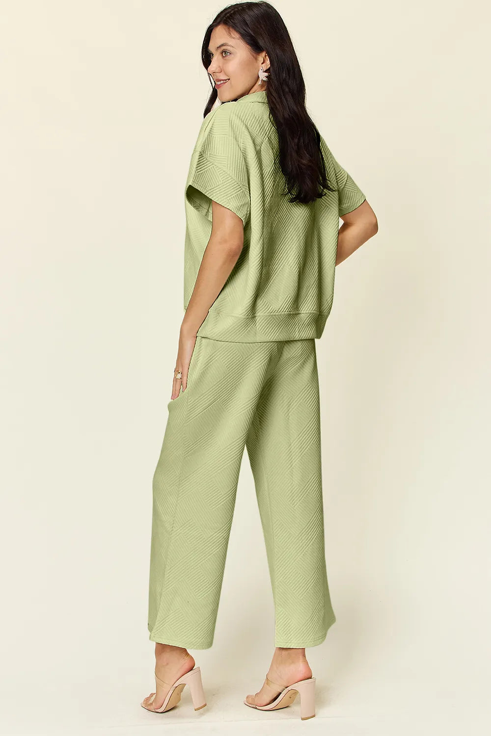 Double Take Full Size Texture Half Zip Short Sleeve Top and Pants Set, view 7