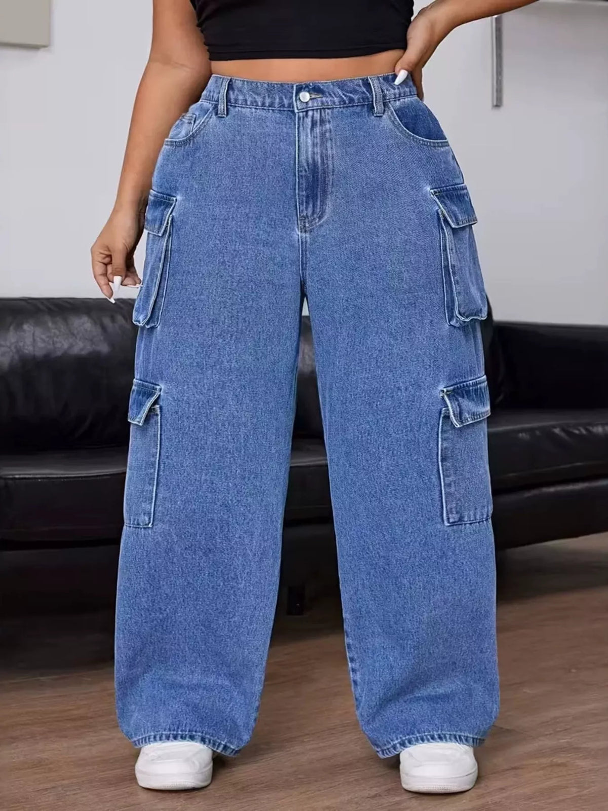 Plus Size High-Waisted Wide Leg Cargo Jeans