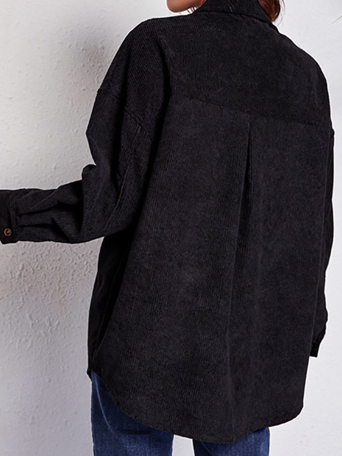Patch Pocket Dropped Shoulder Shirt Jacket in Black, view 2