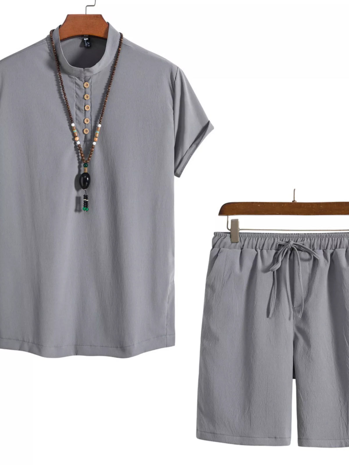 Men's Plus Size Casual Mandarin Collar Short Sleeve Shirt and Shorts Set - Lilixa.store