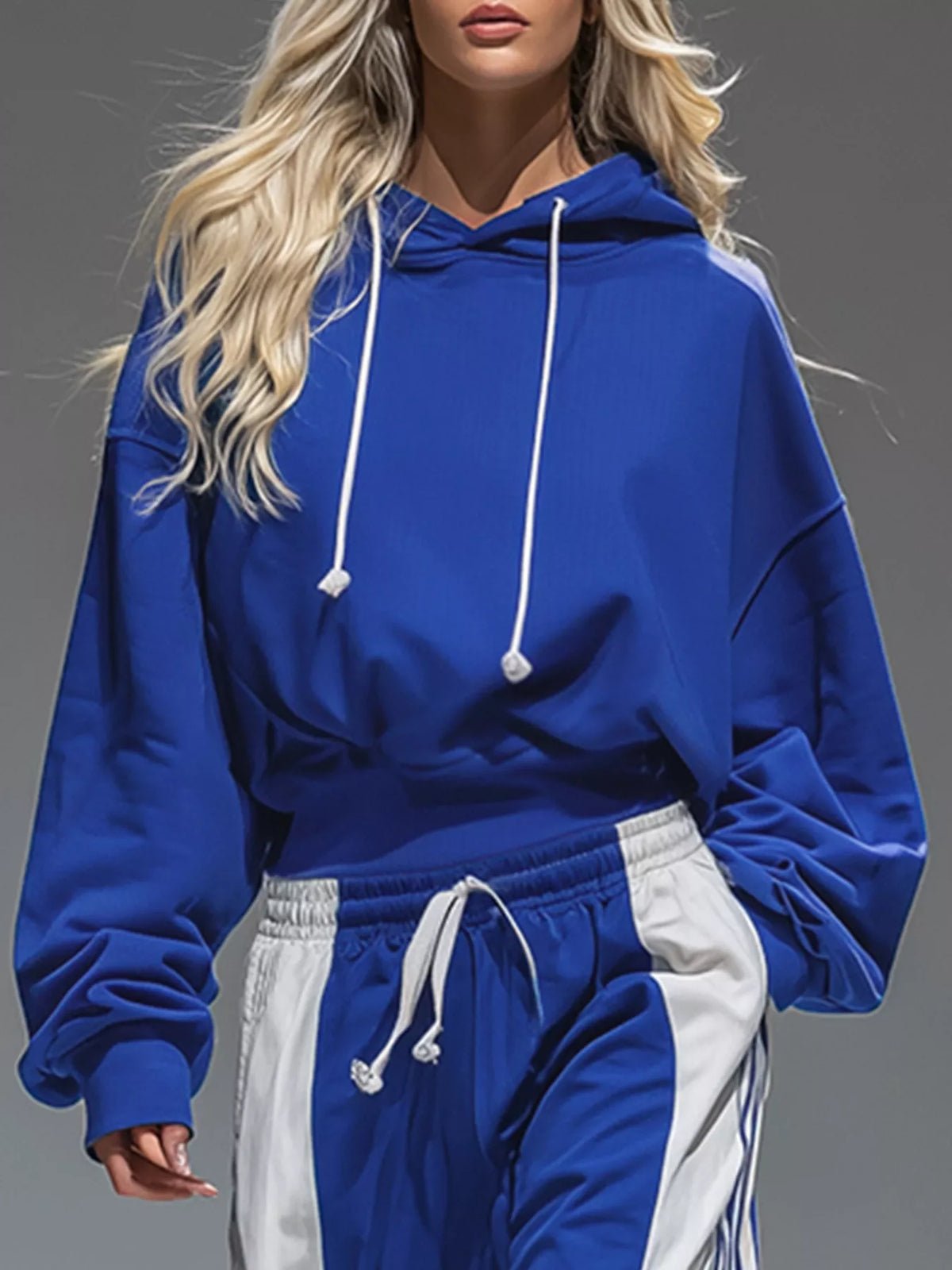 Drawstring Hoodie and Color-Block Wide-Leg Pants Set