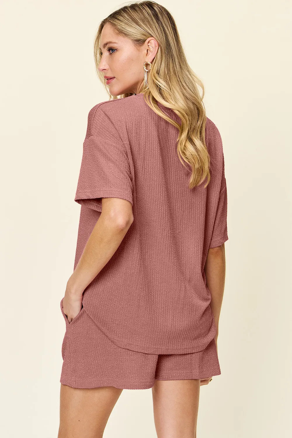 Double Take Full Size Round Neck Short Sleeve T-Shirt and Shorts Set in Light Mauve, view 2