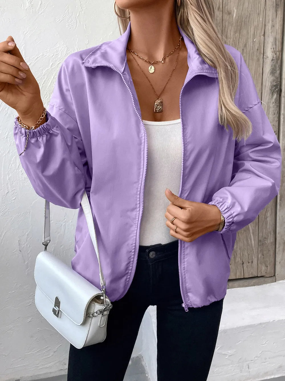 Ivy Lane Pocketed Zip Up Long Sleeve Jacket in Lavender