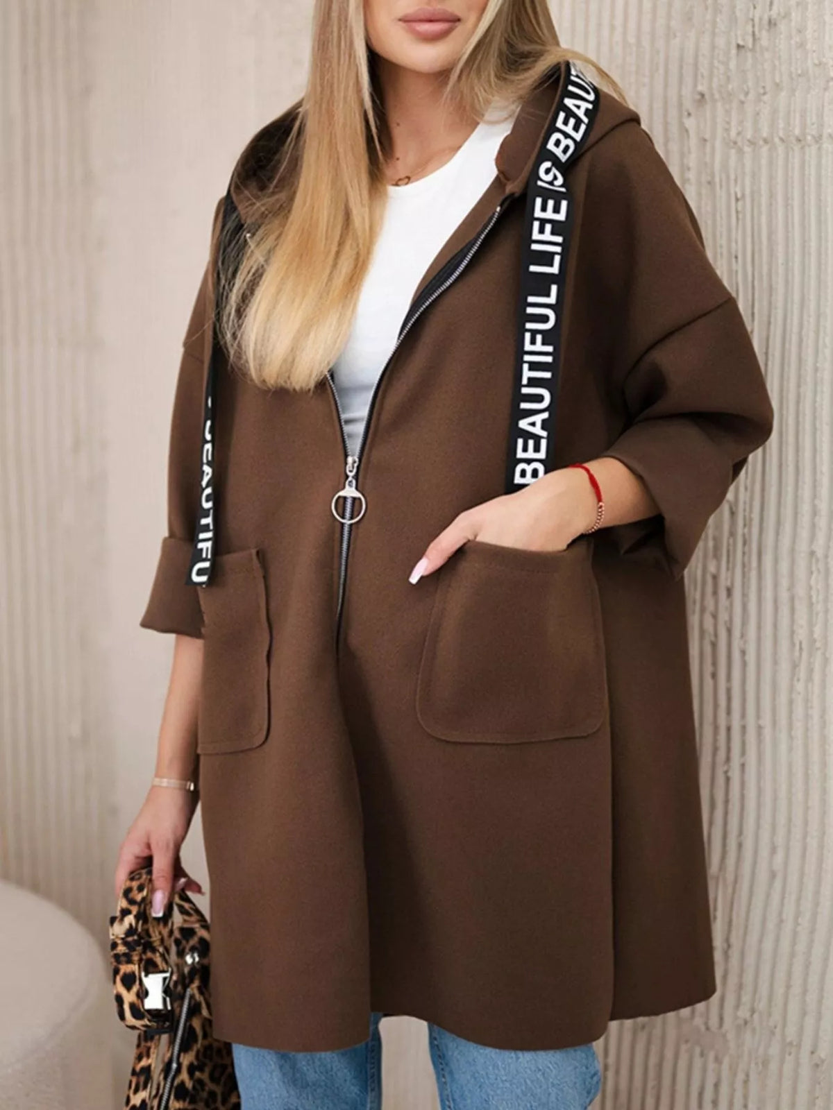 Full Size Hooded Zip-Up Longline Outerwear Plus Size in Brown