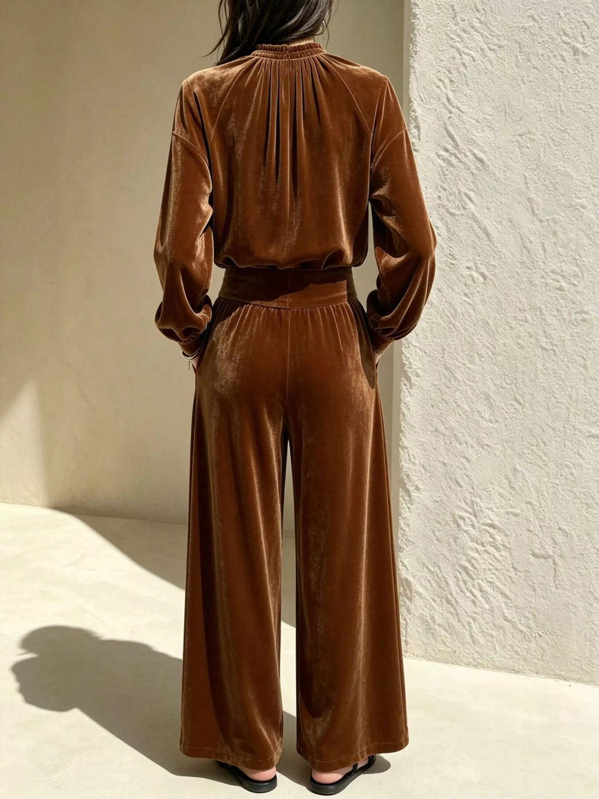 Velvet Mock Neck Long Sleeve Top and Wide-Leg Pants Set - Lilixa.store