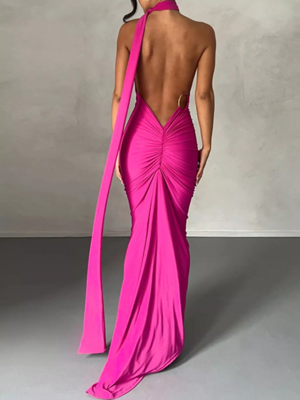 Backless One-Shoulder Ruched Bodycon Maxi Dress - Lilixa.store
