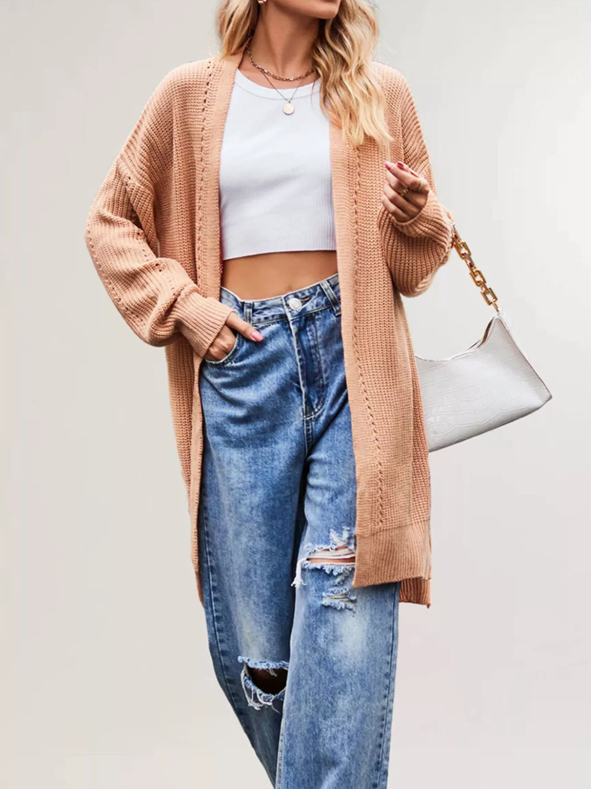 Open Front Openwork Knit Longline Cardigan - Lilixa.store