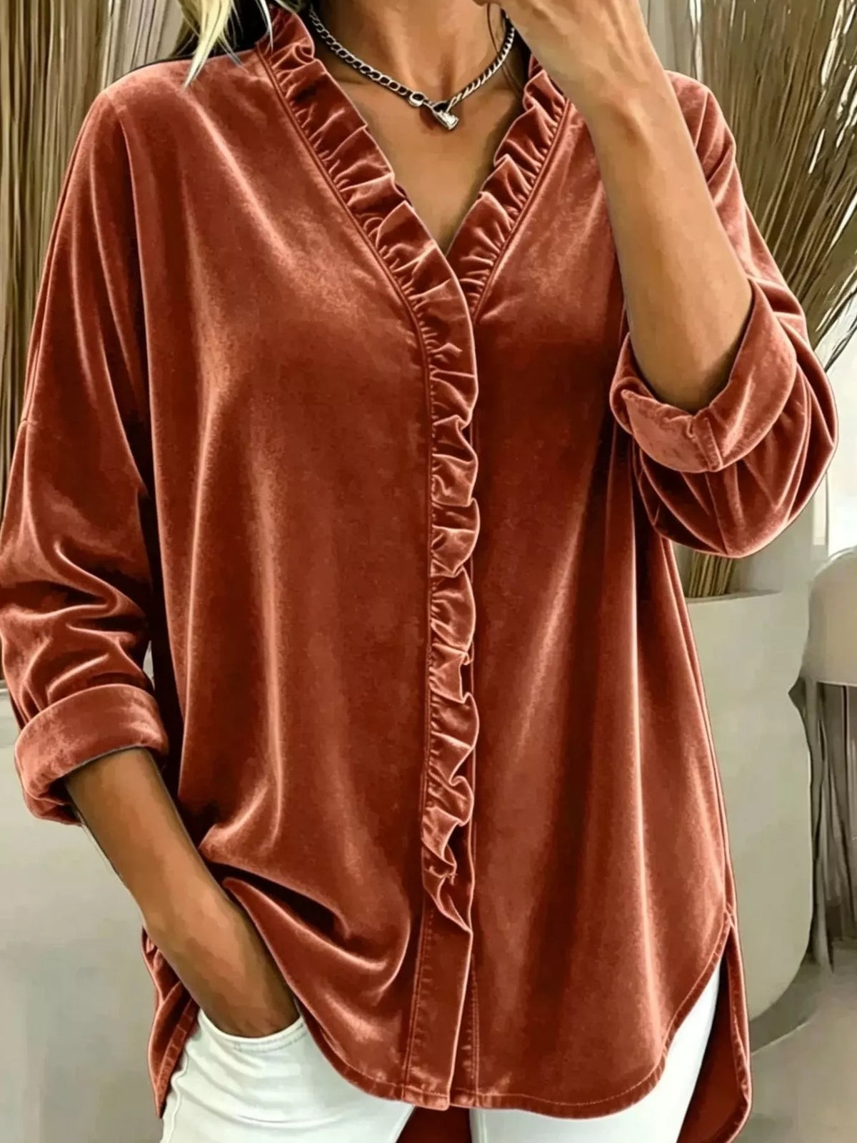 Velvet Frill V-Neck Blouse - Lilixa.store
