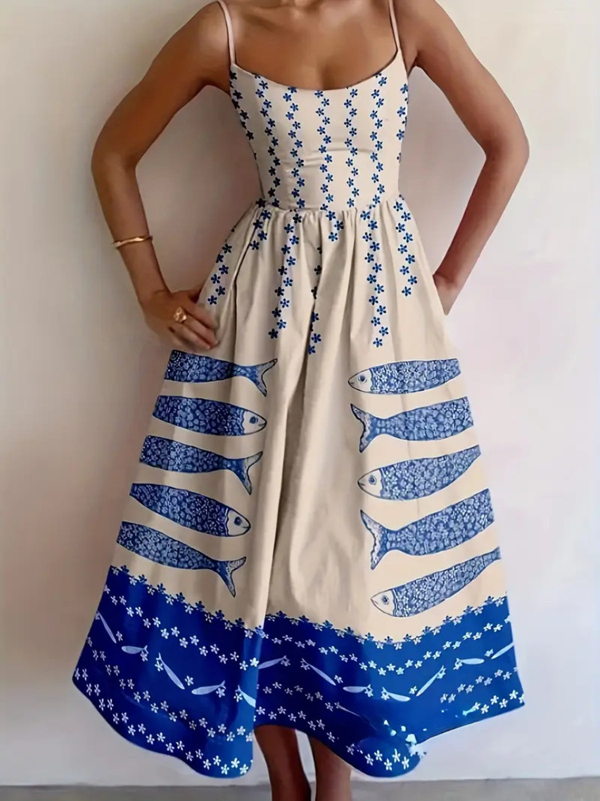 Sardine Print Spaghetti Strap Midi Dress - Lilixa.store