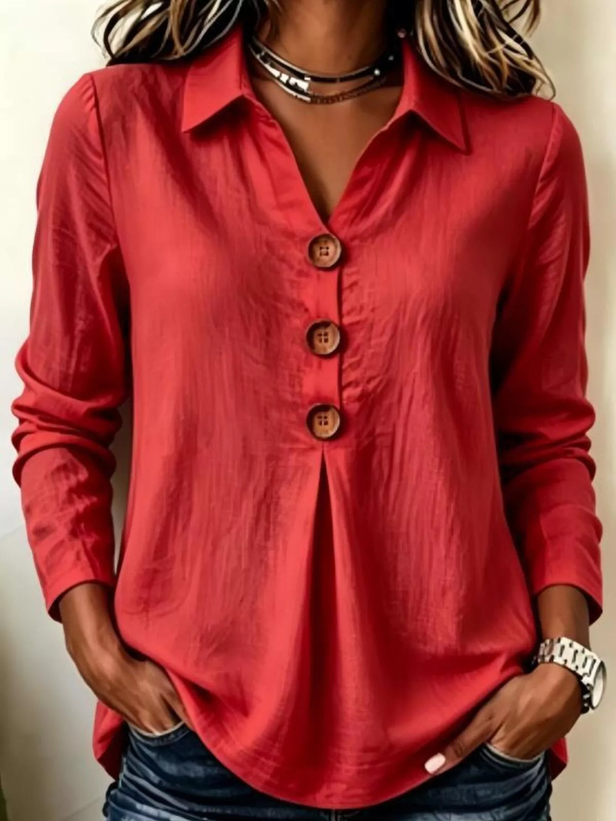Full Size Button Detail Long Sleeve Blouse Plus Size in Red