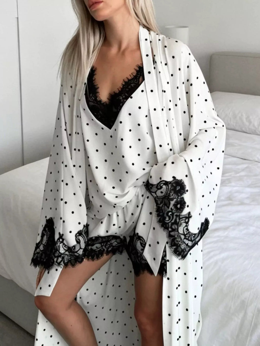 Polka Dot Lace Trim Cami & Cardigan and Shorts Set - Lilixa.store