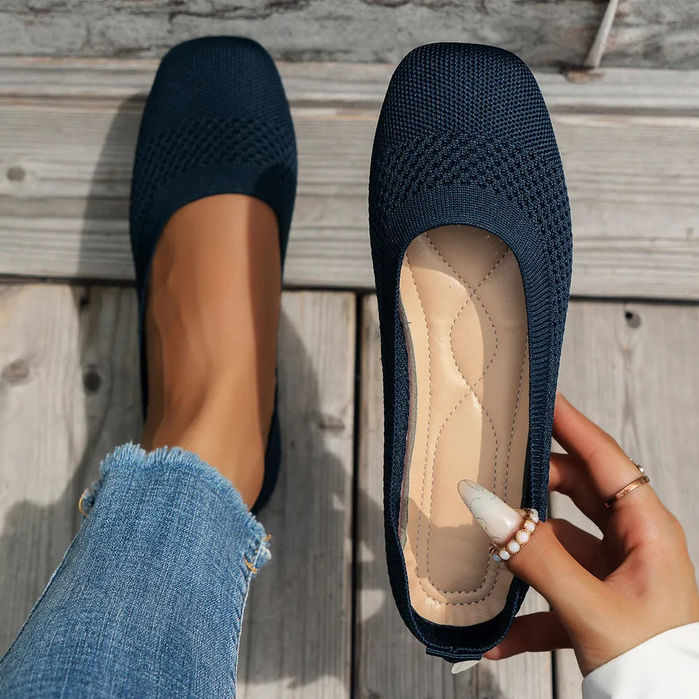 Square Toe Solid Color Mesh Slip-Ons in Dark Blue