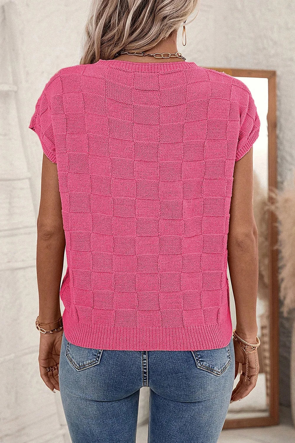 Pocketed Checkered Round Neck Knit Top - Lilixa.store