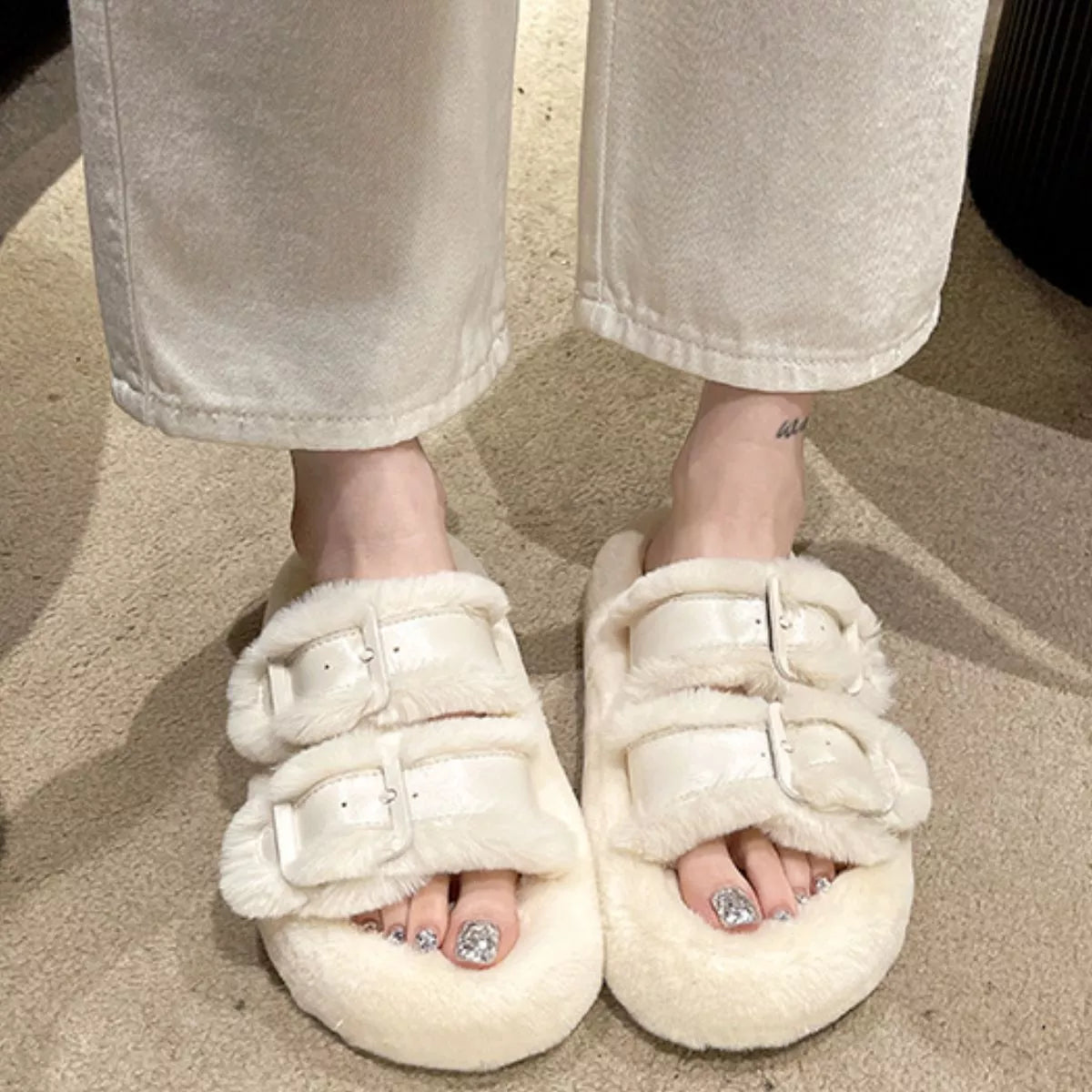 Fuzzy Buckle Detail Slippers - Lilixa.store