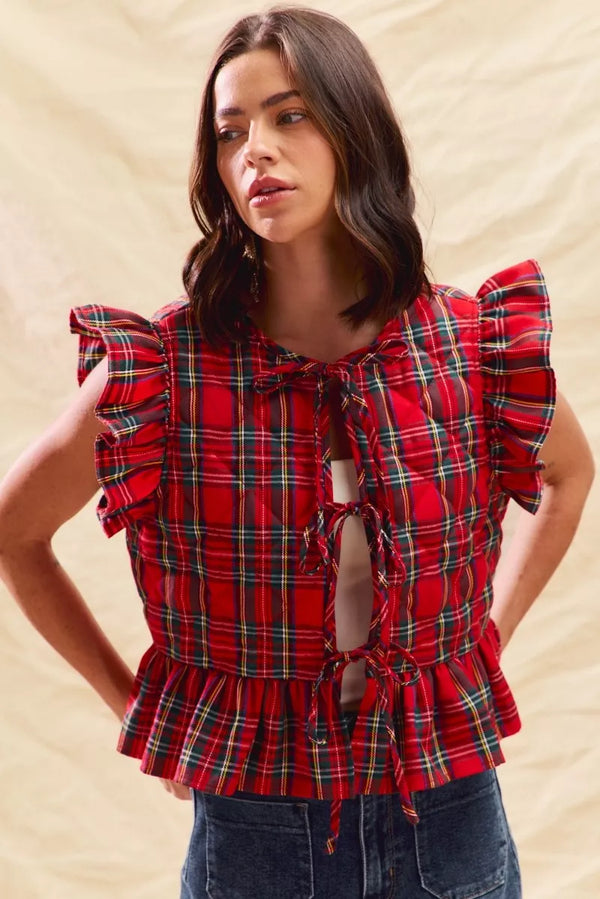 SO ME Christmas Holiday Plaid Ruffled Quilt Vest Top - Lilixa.store