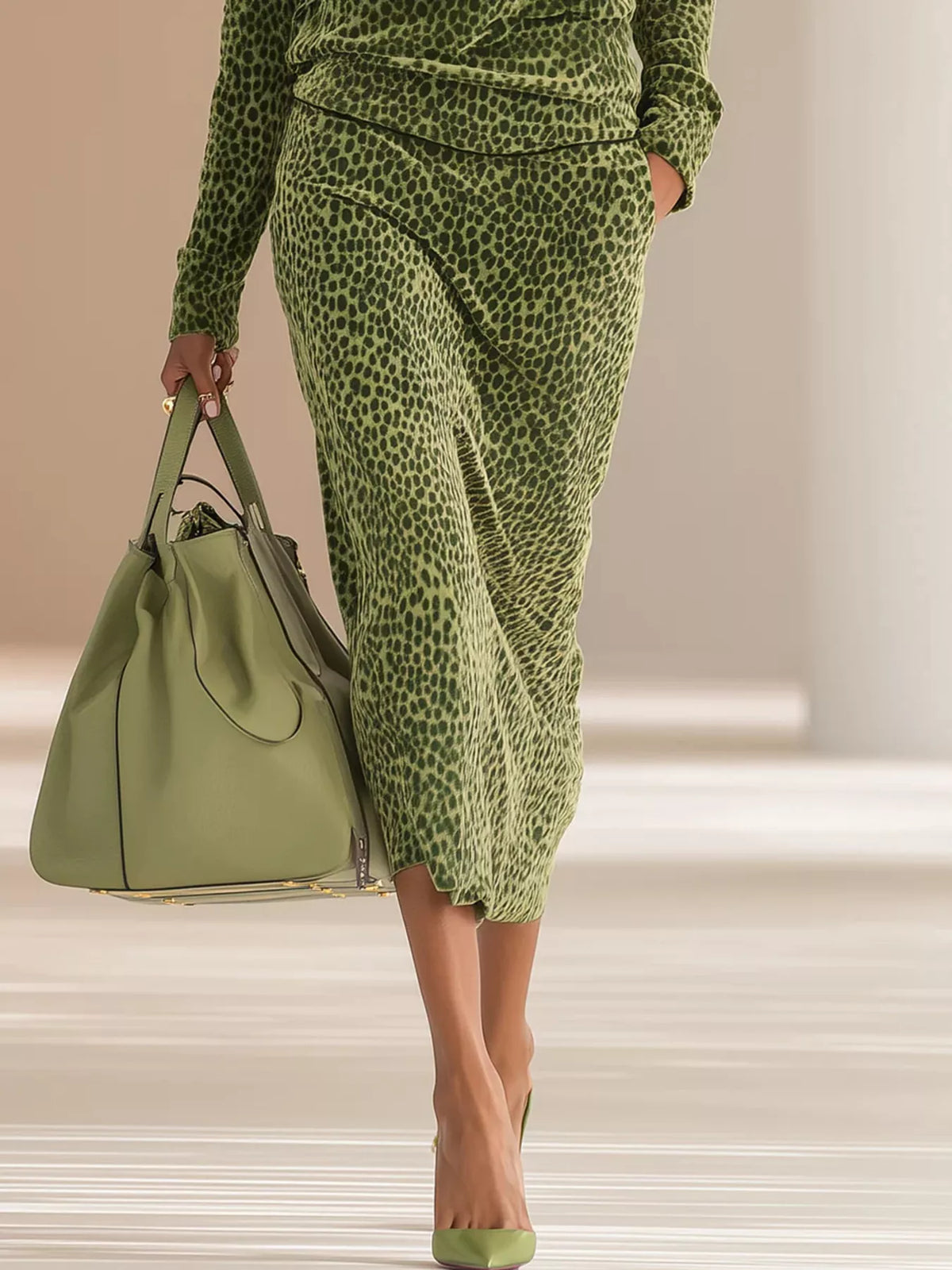 Leopard Print Velour Quarter-Zip Top and Skirt Set in Moss, view 3