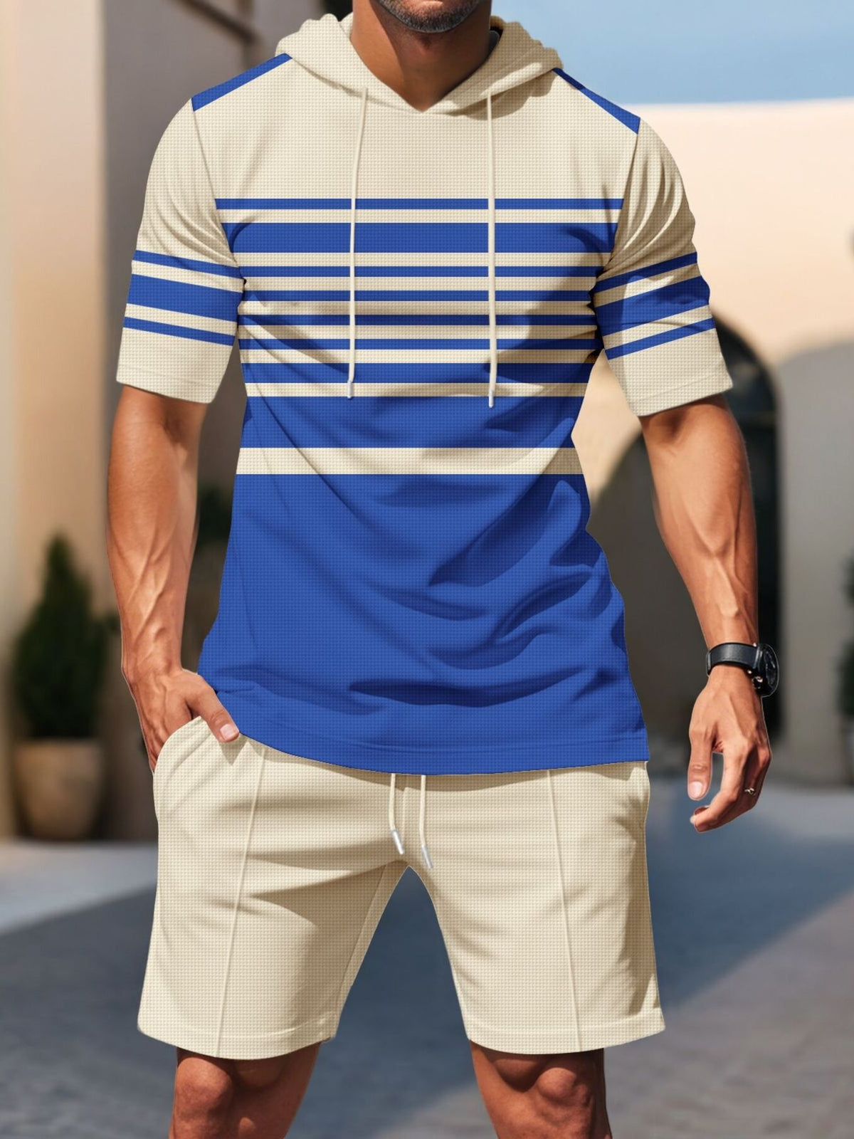 Men's Full Size Striped Short Sleeve Hoodie and Shorts Set Plus Size - Lilixa.store