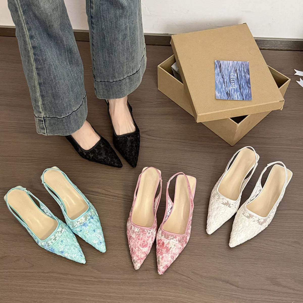 Lace Pointed-Toe Slingback Pumps - Lilixa.store