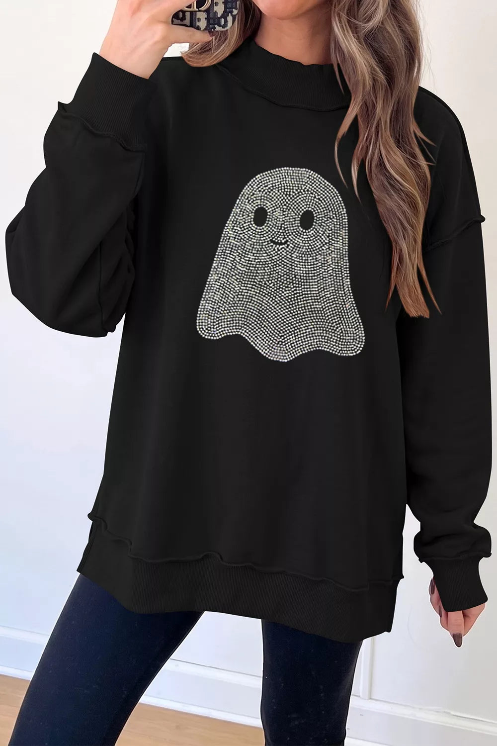 Rhinestone Ghost Exposed Seam Mock Neck Halloween Sweatshirt - Lilixa.store