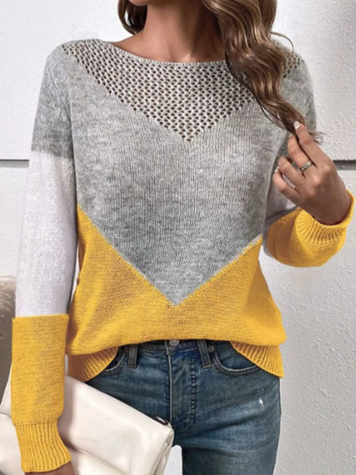 Openwork Color Block Long Sleeve Sweater