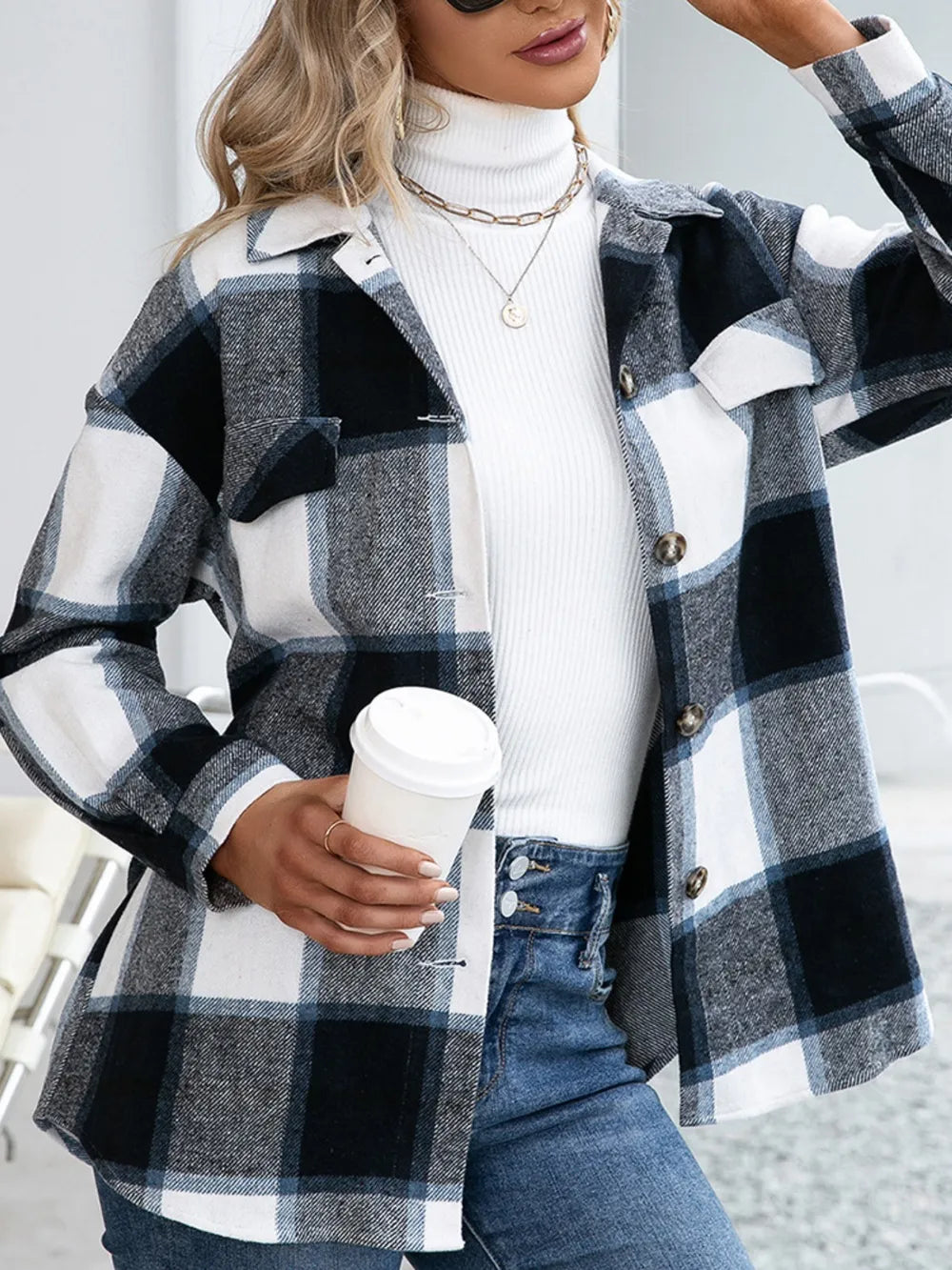 Ivy Lane Plaid Button Up Long Sleeve Shacket in Black, view 4