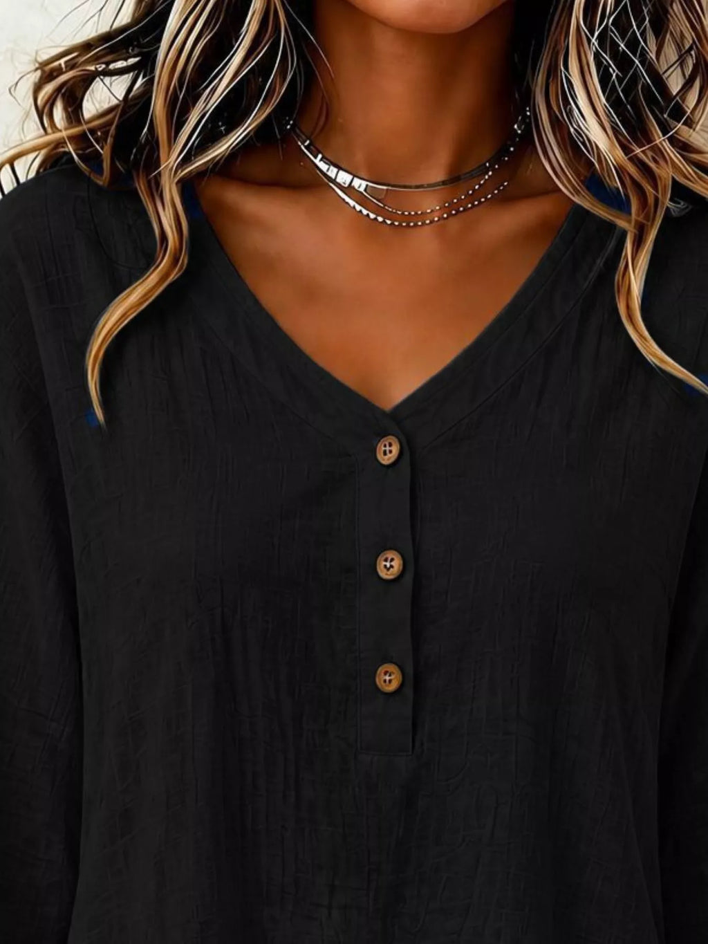 V-Neck Long Sleeve Button Detail Ruffled Hem Blouse - Lilixa.store