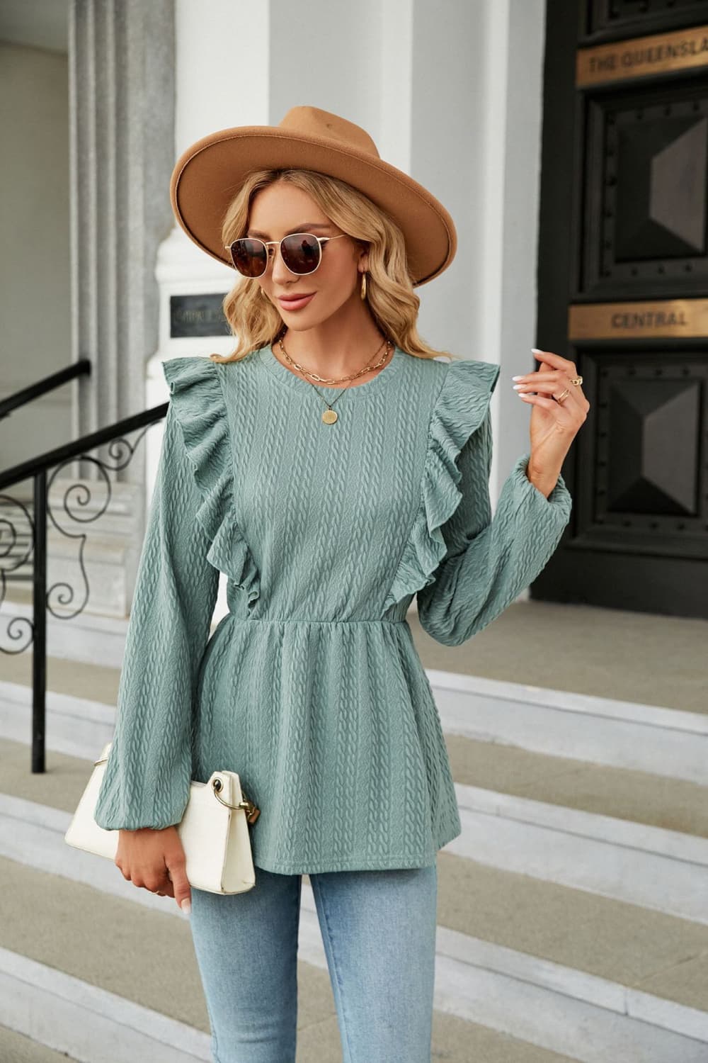 Round Neck Ruffled Peplum Blouse in Sage